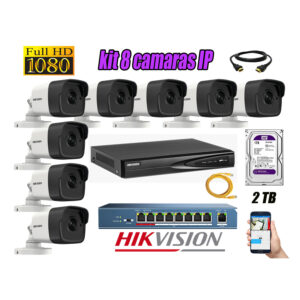 CÁMARA SEGURIDAD HIKVISION KIT 8 IP FULL HD EXTERIOR 1080P | DISCO 2TB WD| AUDIO